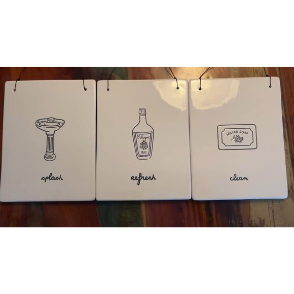 Set of 3 Bone white & Black Silhouette Bathroom Plaques- - Picture 1 of 9